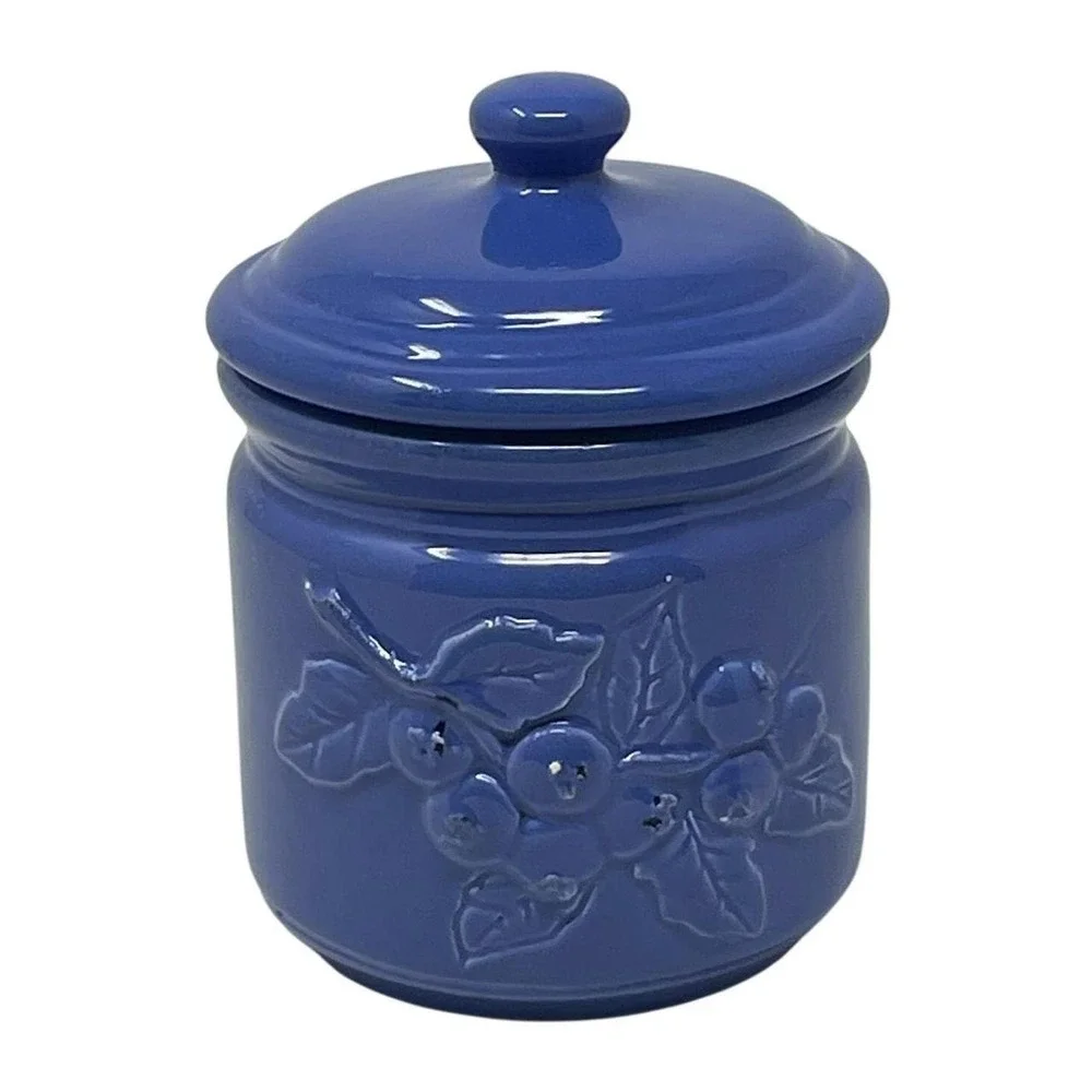 Sur La Table Cornflower Cobalt Blue Ceramic Canister Jar w Lid Berries Leaves